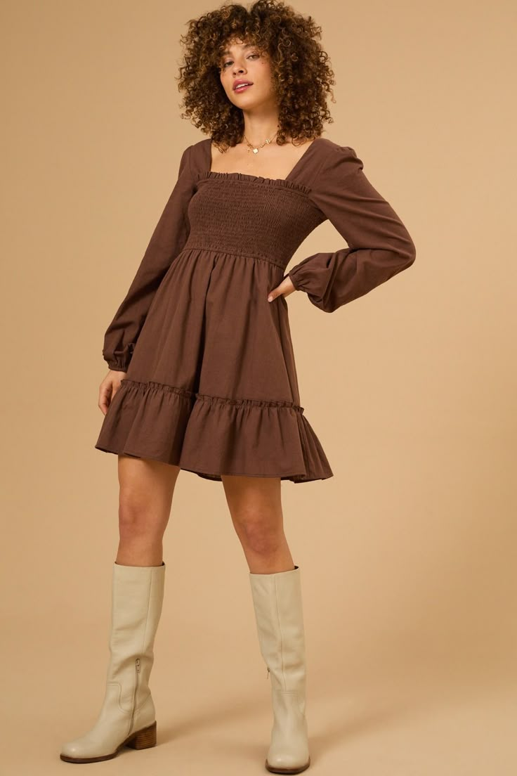 Megan Babydoll Long Sleeve Dress in Brown | Altar'd State White Dress Boots, Long Fall Dresses, Clothes Board, Dresses Casual Fall, Skirts With Boots, Sporty Casual, Fall Dress, Christmas 2024, Altar'd State