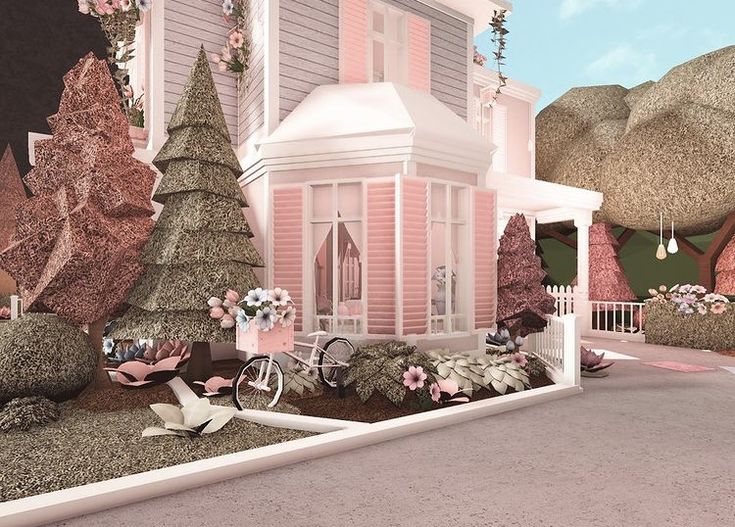 a pink house with trees and flowers on the front lawn is featured in this digital painting