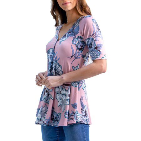 Perfect for any occasion, this stylish rose floral print tunic top is a must have for any wardrobe. Featuring a tastefull v shaped neckline with a three button detail, elbow length sleeves, and a flattering flared swing shape. Pair this top with slacks and a blazer for a stylish professional look or dress it down with shorts and slides. Made in the United States - US from a comfortable stretch material. Polyester Spandex Knit. Color: Multicolor. Gender: female. Age Group: adult. Spring Floral Print Top With Split Neck, Chic Floral Print Top With Split Neck, Spring Floral Print Split Neck Top, Feminine Floral Print Top With Split Neck, Feminine Spring Tops With Split Neck, Pink Floral Print Blouse With Split Neck, Pink Floral Print Split Neck Blouse, Feminine Split Neck Tops For Spring, Pink Split Neck Blouse With Floral Print