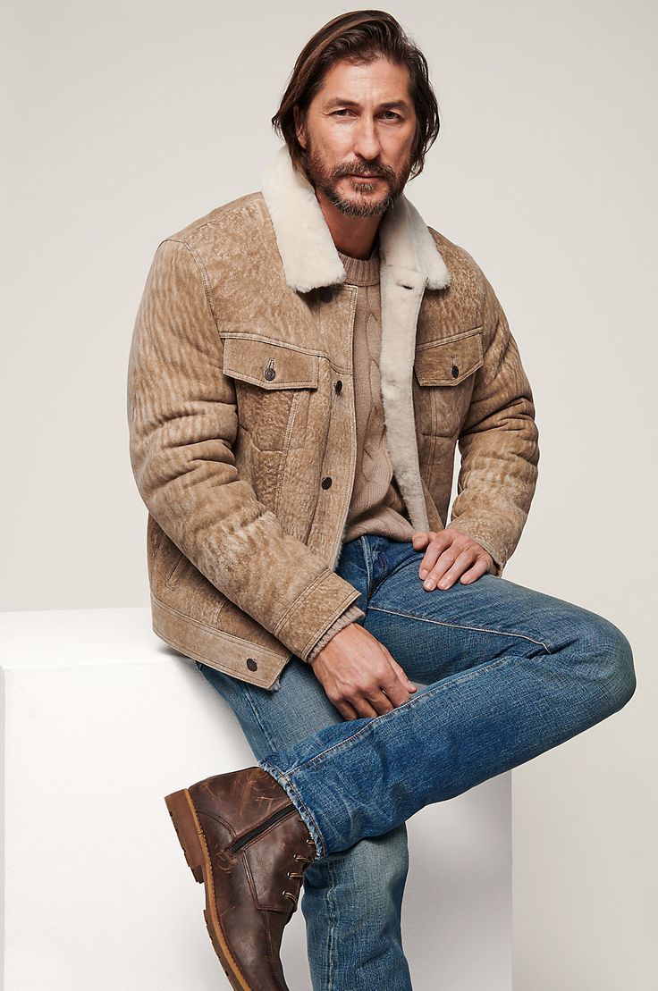 Embrace warmth in a uniquely American style with our Gabe shearling jean jacket. Artisan-crafted in rich French sheepskin, Gabe has all the qualities you would expect in a favorite wardrobe mainstay. Worn with denim, chambray shirts, or corduroy sweaters, the Gabe sheepskin jacket may very well likely become an everyday companion. Casual Shearling Fur Coat For Cold Weather, Fitted Sheepskin Outerwear For Cold Weather, Casual Shearling Fur Coat With Faux Fur Lining, Fitted Shearling Fur Coat For Fall, Fitted Fall Shearling Fur Coat, Fitted Sheepskin Outerwear For Winter, Fitted Sheepskin Outerwear For Fall, Casual Shearling Outerwear With Faux Fur Lining, Fitted Shearling Outerwear With Padded Collar