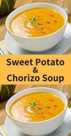 two bowls of sweet potato and chorizo soup