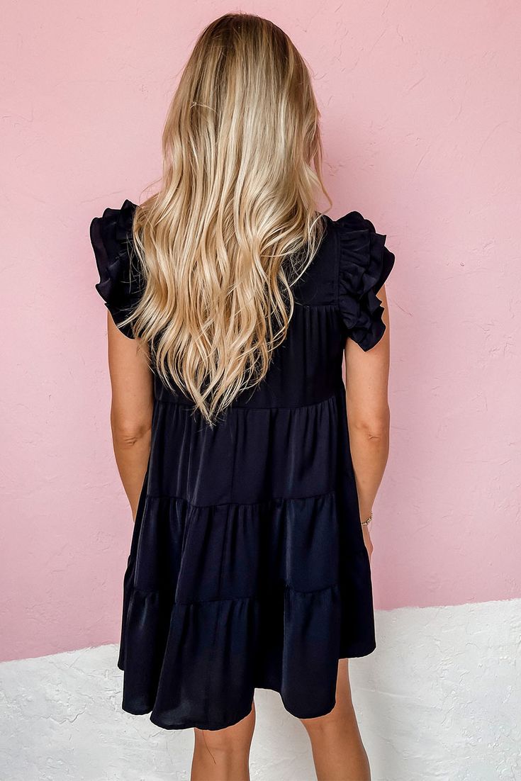 Black Ruffle Flutter Sleeve Pleated Tiered Mini Dress Elegant Black Tiered Summer Dress, Black Ruffle Hem Dress For Summer, Black Ruffle Sleeve Dress For Spring, Casual Black Summer Tiered Dress, Chic Black Tiered Dress With Ruffles, Black Tiered Dress For Spring, Casual Black Ruffle Dress, Casual Black Tiered Summer Dress, Black Ruffle Dress For Summer