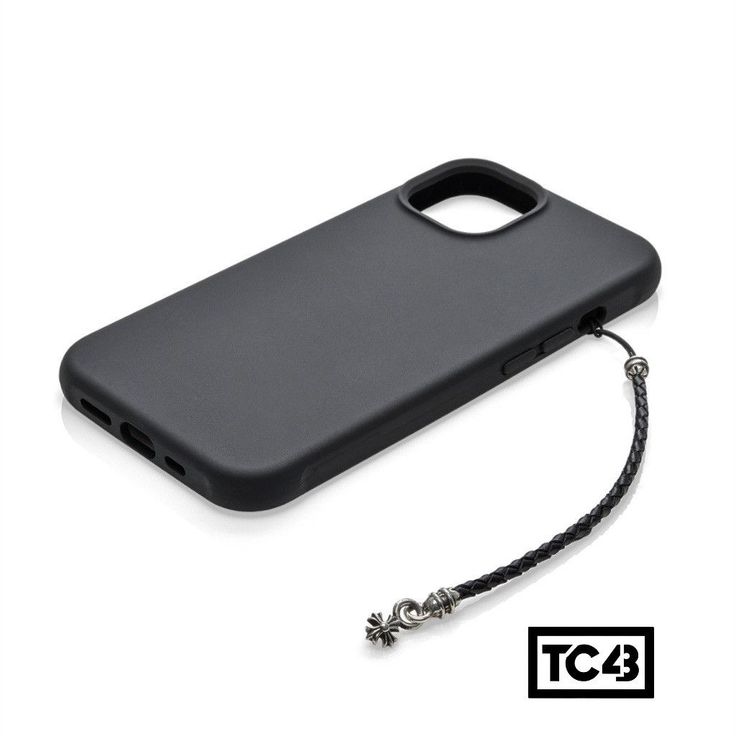 a black phone case with a cord attached to it