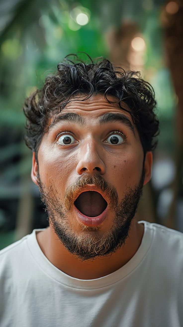 a man making a funny face with his tongue out and eyes wide open in front of him