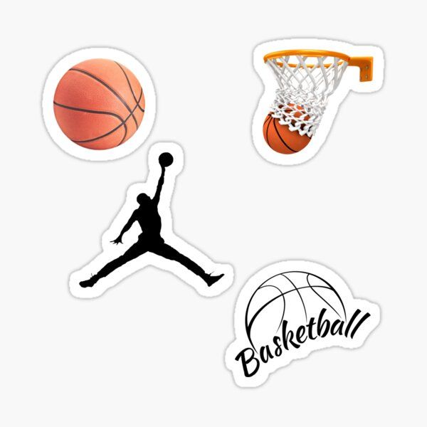 basketball stickers are shown in three different shapes and sizes, with the word basketball above them