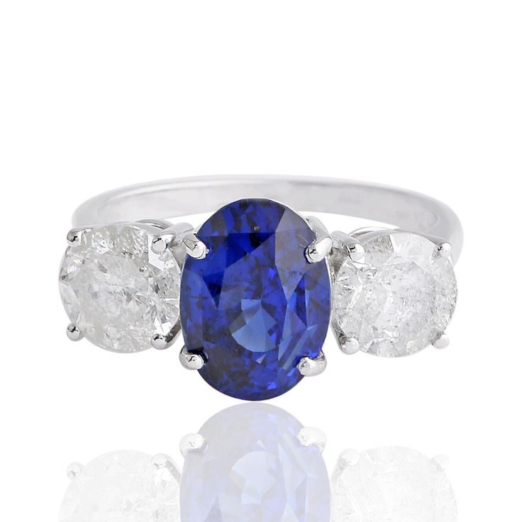 Blue Sapphire Gemstone H/SI Diamond Ring 14k White Gold September Birthstone Classic Diamond Gemstone With Center Stone, Classic Sapphire Gemstones With Brilliant Cut, Oval Platinum Gemstone With Center Stone, Classic Oval Platinum Gemstones, White Gold Multi-stone Round Sapphire Ring, White Gold Sapphire Ring With Multi-stone, Classic Sapphire Gemstones For Anniversary, Elegant Three Stone Oval Gemstones, Classic Multi-stone Sapphire Ring With Diamonds