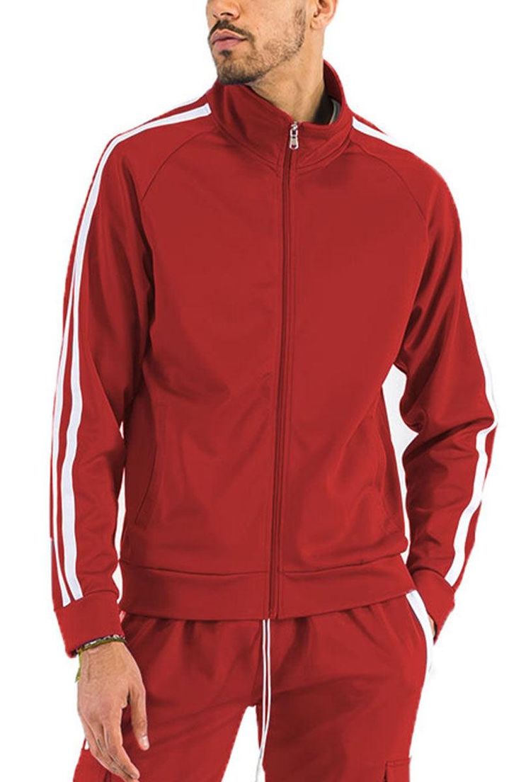 Regular Fit  Full Zip Jacket  Two Stripe Design on Sleeve  95 Polyester 5 Spandex Long Sleeve Track Jacket With Pockets, Long Sleeve Sportswear Track Jacket With Pockets, Stretch Long Sleeve Track Jacket With Pockets, Winter Stretch Track Jacket With Pockets, Fitted Sports Track Jacket With Pockets, Fitted Moisture-wicking Tracksuit With Long Sleeves, Fitted Sportswear Outerwear With Ribbed Cuffs, Fitted Long-sleeve Moisture-wicking Tracksuit, Stretch Outerwear With Pockets For Sports