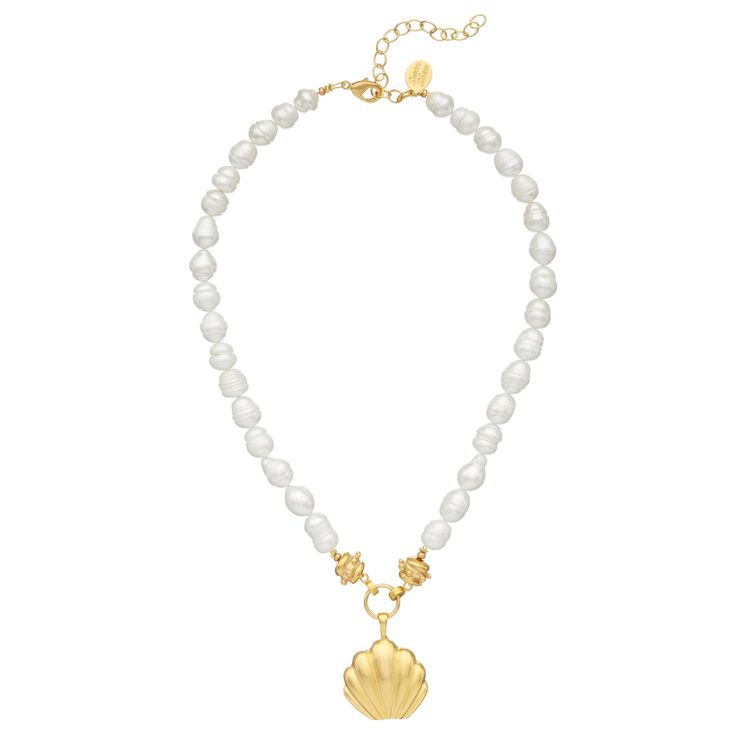 Our Marbella Pearl Necklace is the epitome of classy and timeless style. Connected to the pendant by our signature Bentley Beads, freshwater pearls give this piece an heirloom feel. Wear it as an accessory to your beachside ensemble with our Marbella Studs or as the perfect piece to complement your happy hour mini dress. Elegant Pearl White Jewelry For Beach, Pearl White Shell Necklace With Pearl Chain, Elegant Shell-shaped Pearl Drop Necklace, Elegant Beach Pearl Necklace With Pendant, Pearl Shell Charm Jewelry, Elegant Shell Necklace With Baroque Pearl Drop, Beach Pearl Drop Necklaces, Pearl White Shell-shaped Necklace With Pearl Pendant, Elegant Pearl Charm Necklace For Beach