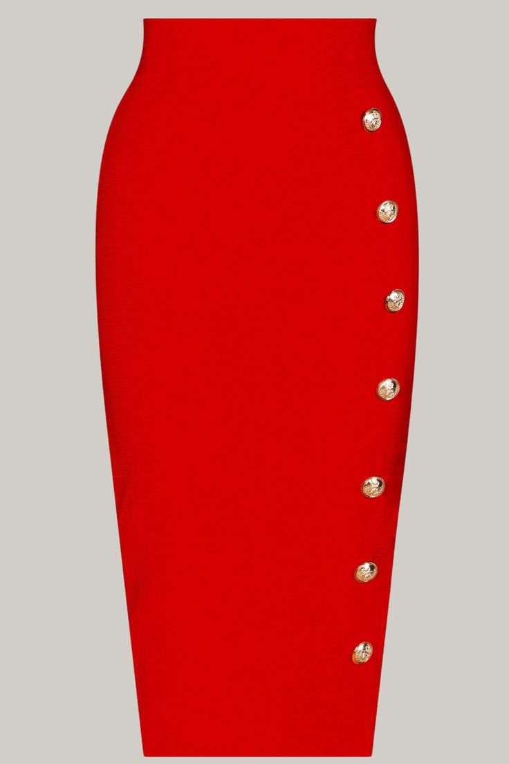 a red skirt with gold buttons on the front and side, in an elegant fashion