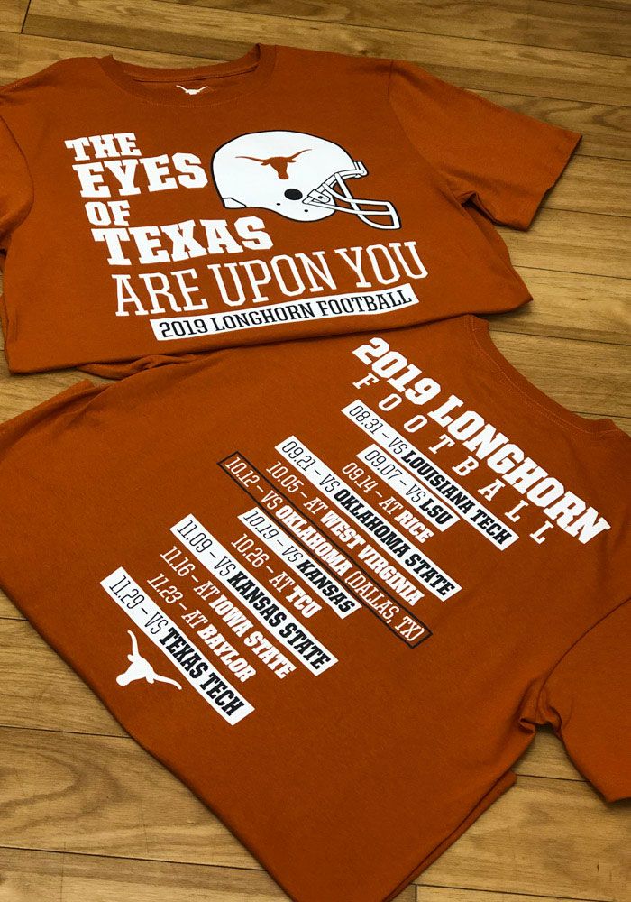 Texas Longhorns Burnt Orange Football Schedule Short Sleeve T Shirt, Burnt Orange, 100% COTTON, Size XL Team-colored Tops For Team Events, Cotton Fan Apparel Tops For Team Events, Team Spirit Tops With Team Name For Fan Gear, Team Name Tops For Fan Gear, School Spirit Tops With Team Name For Events, Football Season Tops With Team Logo For Team Events, Collegiate Team-colored Tops For Team Events, Team-colored Tops With Graphic Print For Team Events, Fan Apparel Tops With Team Name