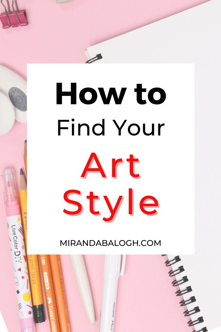 the words how to find your art style on top of a pink background with pencils and