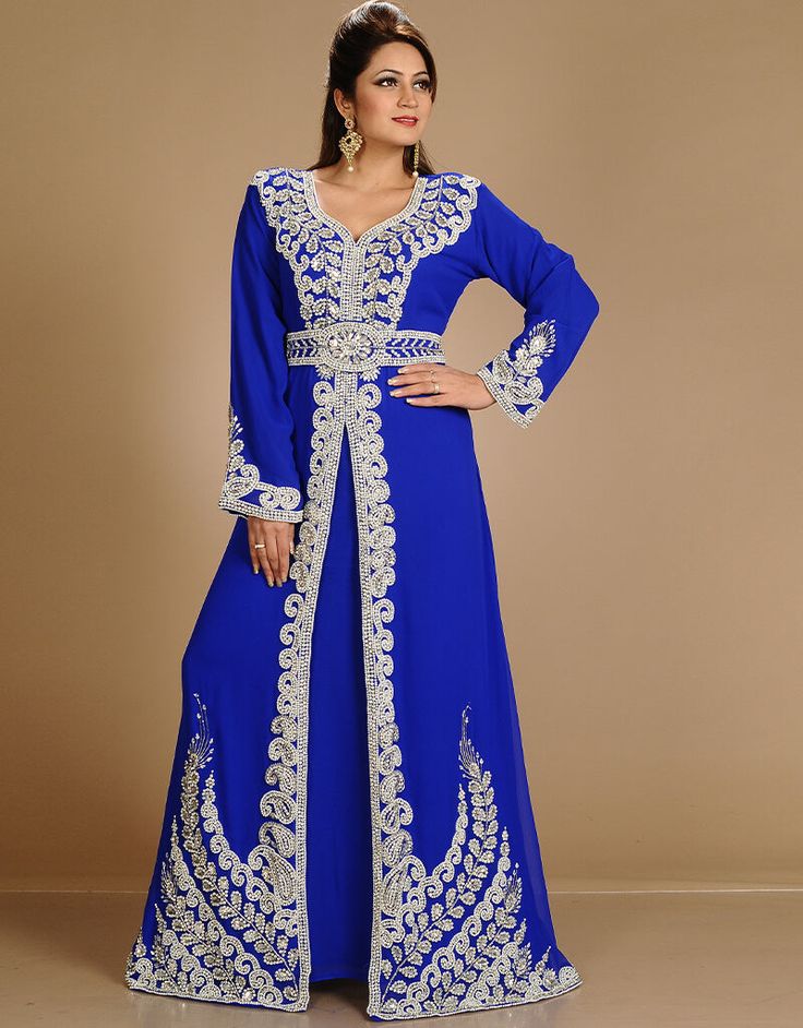 Arabic Royal Blue Georgette Hand Embroidery Party Wear Kaftan Takchita, Golden, Georgette, Handmade, Royal Blue, Blue, Kaftans, XS, S, M, L, XL, 2XL, 3XL, 4XL, 5XL, 6XL, 7XL Bridal Kaftan, Kaftan Moroccan Caftan, Fancy Kaftan, Jalabiya Dress, Designer Kaftan, Modest Evening Dress, Zari Embroidery, Hand Embroidery Dress, Moroccan Kaftan