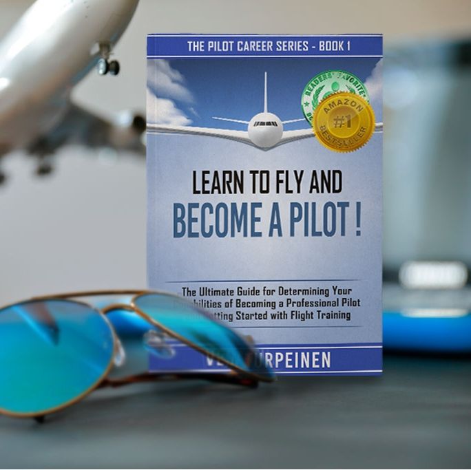 the book learn to fly and become a pilot is next to sunglasses on a table