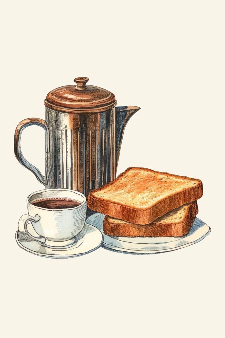 a drawing of toast and coffee on a plate