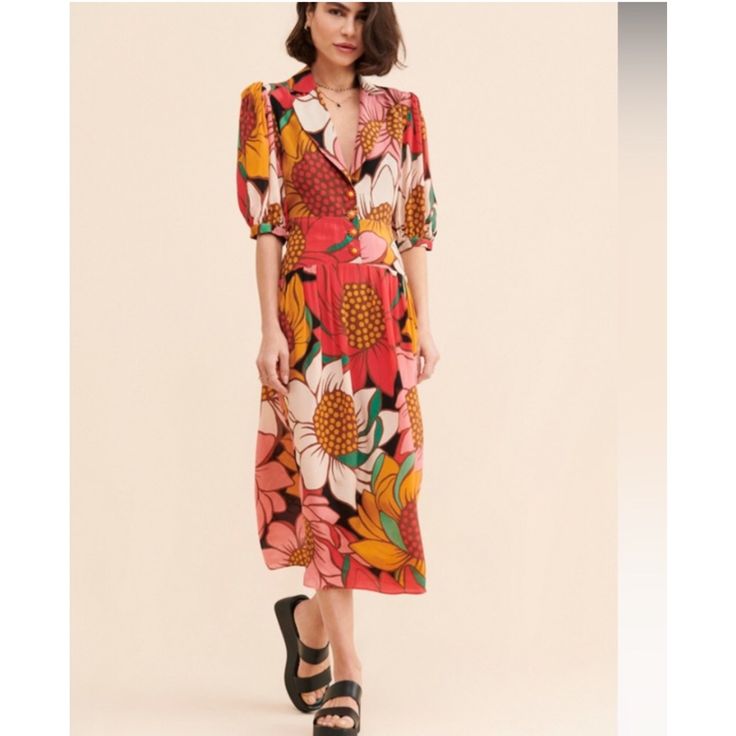 New With Tags / Retail: $235 Bright Multicolored Sunflowers Print Midi Length A-D-O-R-A-B-L-E Flower Button Details Side Zipper Soft Flowy Fabric Looks & Feels Like Silk 100% Viscose (Shell & Lining) V Neck With Notched Lapel Open Back Detailing 3/4 Sleeves Invisible Zipper At Side Seam So Pretty And Perfect Colors For Fall / Autumn !!! # Sunflower Flowers Floral Flower Power Marimekko Boden Loveshackfancy Farm Rio Mara Hoffman Corey Lynn Calter Anthropologie Anthro Betsey Johnson Retro Vintage Feminine Multicolor Midi Dress With Short Sleeves, Feminine Multicolor Short Sleeve Midi Dress, Vibrant Floral Print Dress For Garden Party, Vibrant Floral Dress For Garden Party, Vibrant Tropical Print Short Sleeve Dress, Pink Floral Print Midi Dress For Spring, Pink Floral Print Midi Dress For Garden Party, Feminine Multicolor Midi Dress For Garden Party, Vibrant Pink Printed Dresses