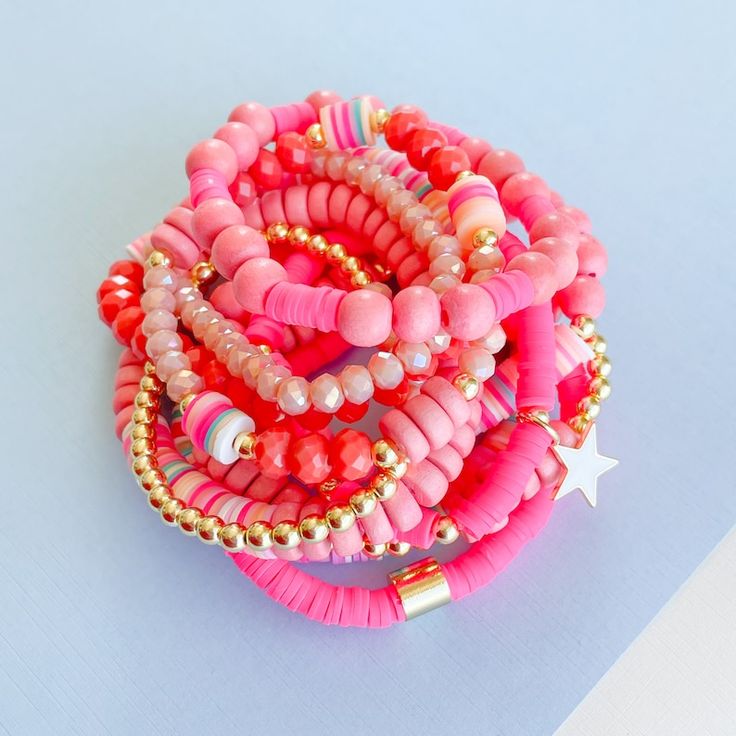 Pink Bohemian Beaded Bracelets With Heart Beads, Bohemian Pink Beaded Bracelets With Heart Beads, Coral Round Beads Bracelet For Beach, Coral Round Beads Bracelets For Beach, Coral Round Beaded Bracelets For Beach, Colorful Beads Coral Bracelet For Beach, Beach Bracelets With Colorful Beads In Coral, Coral Bracelets With Colorful Beads For Beach, Pink Bohemian Beaded Bracelet With Large Beads