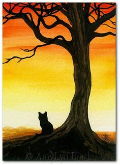 a painting of a cat sitting in the shade of a tree with an orange sky behind it