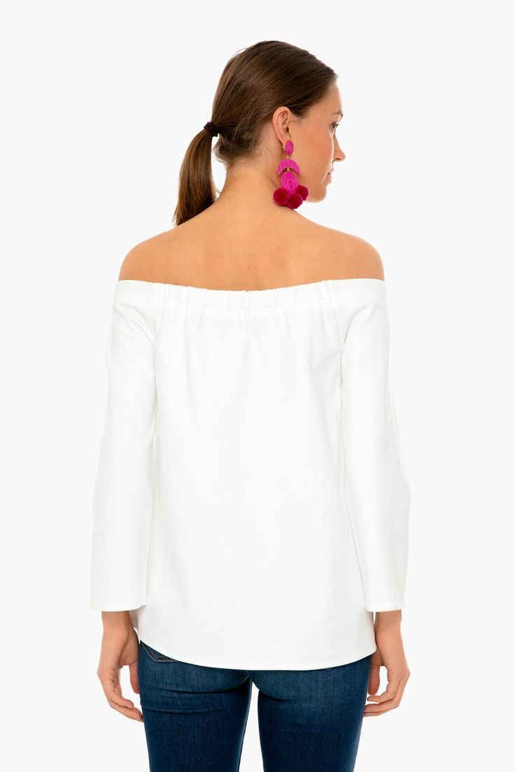 The Miranda Off the Shoulder Blouse is minimalist, modern, and chic. Made from a soft fabric with long sleeves and an A-line shape, this style makes getting dressed effortless. Pair with denim and bold jewelry for an elevated date night look! Off-the-shoulder neckline Long sleeves Relaxed, boxy fit A-line silhouette Material: 75% Rayon, 20% Polyester, 5% Spandex Care: Hand wash cold, hang to dry Elegant Long Sleeve Top For Summer Party, Chic Off-shoulder Long Sleeve Top For Spring, Chic Summer Off-shoulder Long Sleeve Top, Chic Off-shoulder Long Sleeve Top For Summer, Spring Off-shoulder Blouse For Workwear, Modern Long Sleeve Summer Blouse, Off-shoulder Spring Blouse For Work, Chic Long Sleeve Blouse For Date Night, Chic Off-shoulder Blouse For Brunch