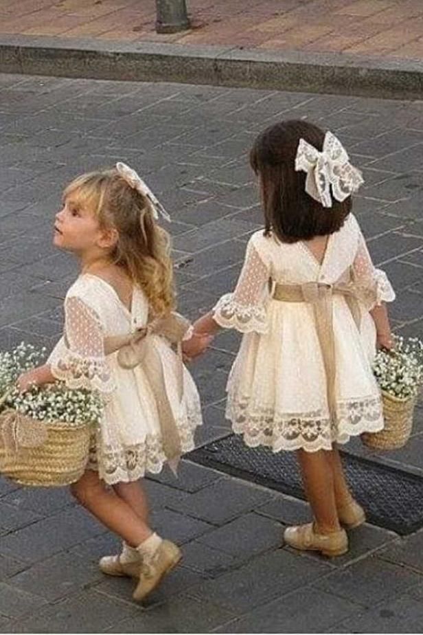 A Line 3/4 Sleeve Lace Flower Girl Dresses Above Knee Baby Dress with – Uniquedresss Cheap Flower Girl Dresses, Toddler Flower Girl Dresses, Tulle Flower Girl, Tulle Flowers, Make Your Own Dress, Flower Girl Dress Lace, Flower Girl Dresses Tulle, Lace Flower, Junior Bridesmaid Dresses