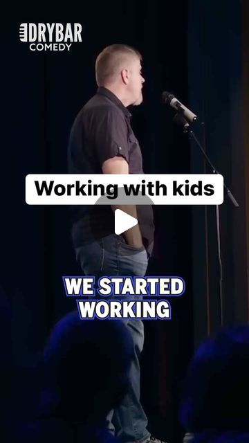 a man standing in front of a microphone with the words working with kids we started working