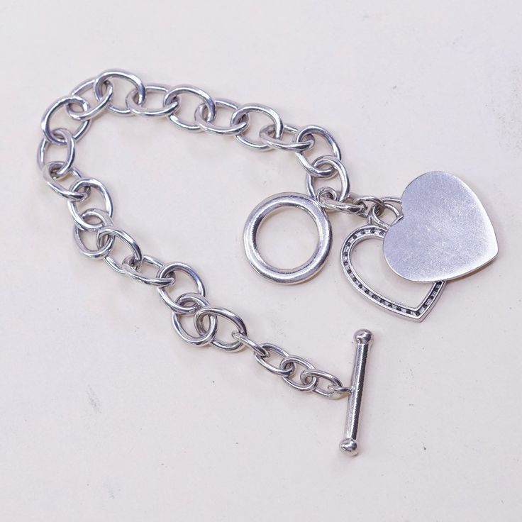 "6.75\", 9mm, Vintage sterling silver handmade circle bracelet, solid 925 silver chain with diamond heart charm and toggle closure, Stamped 925" Sterling Silver Bracelet With Toggle Clasp Gift, Sterling Silver Round Bracelet With Toggle Clasp For Gift, Sterling Silver Toggle Clasp Bracelet Gift, Everyday Silver Metal Heart Bracelet, Sterling Silver Charm Bracelet With Toggle Clasp, Silver Charm Bracelet With Heart Charm, Everyday Silver Nickel-free Heart Bracelet, Silver Nickel-free Heart Bracelet For Everyday, Silver Toggle Necklace With Charms For Gifts