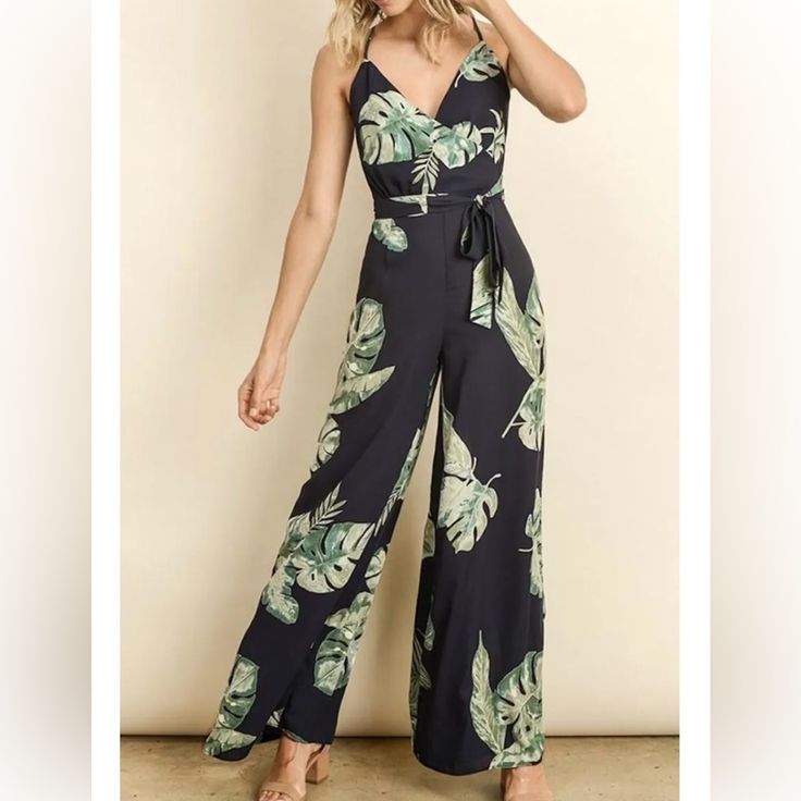 Summer Leaf Romper Great For A Vacation Or A Summer Outing New With Tags Casual V-neck Jumpsuits And Rompers With Tropical Print, Summer Floral Print Jumpsuits And Rompers For Date Night, Elegant Floral Print Jumpsuits And Rompers For Vacation, Casual Tropical Print V-neck Jumpsuits And Rompers, Chic Printed Jumpsuits And Rompers For Brunch, Casual Overall Dress For Vacation, Chic Tropical Print Jumpsuits And Rompers For Spring, Fitted Tropical Print Jumpsuits And Rompers For Summer, Fitted Summer Jumpsuits And Rompers With Tropical Print