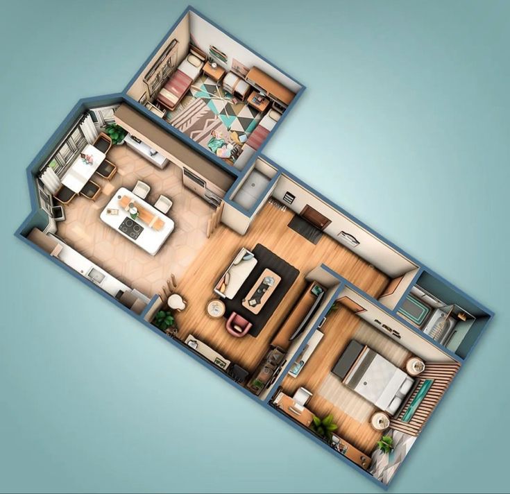 an overhead view of a two bedroom apartment