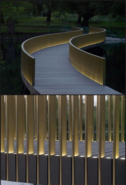 two pictures of a wooden walkway with lights on it