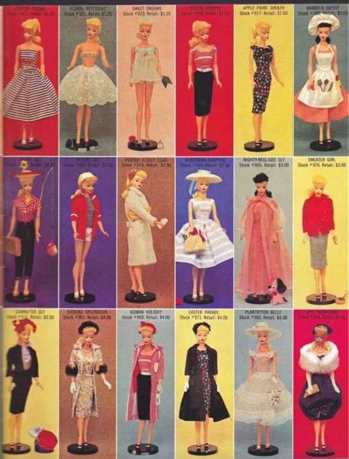 an advertisement for barbie dolls from the 1950's, featuring dresses and hats in various styles