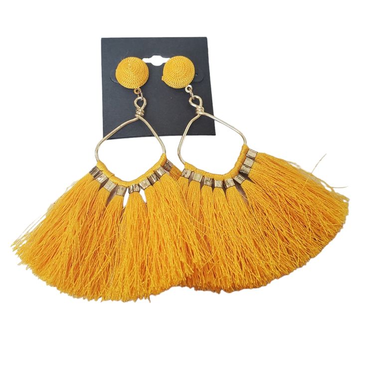 Post Stud Drop Tassel Fan Earrings Mustard Yellow Gold Color Metal New Fashion Jewelry From My Boutique Chelsea's Collection Elegant Yellow Tassel Earrings For Summer, Trendy Gold Tassel Earrings For Summer, Summer Gold Tassel Earrings, Gold Earrings With Latkans For Summer, Yellow Fringe Dangle Jewelry, Gold Tassel Drop Earrings For Summer, Gold Fringe Earrings For Summer, Yellow Tassel Earrings For Summer Gift, Yellow Fringe Tassel Earrings