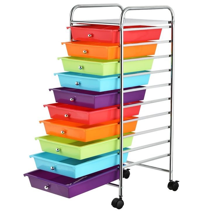 a stacking cart with five trays on wheels and four drawers in different colors