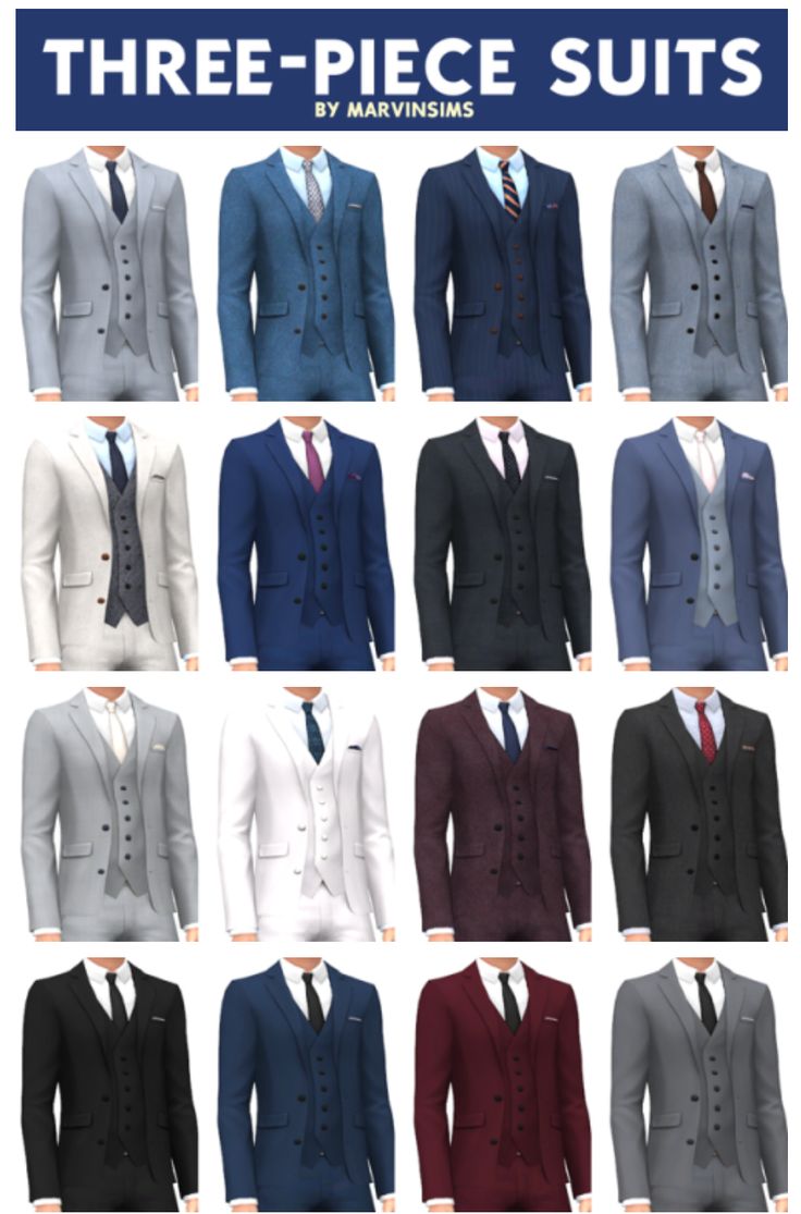 men's three piece suits in different colors