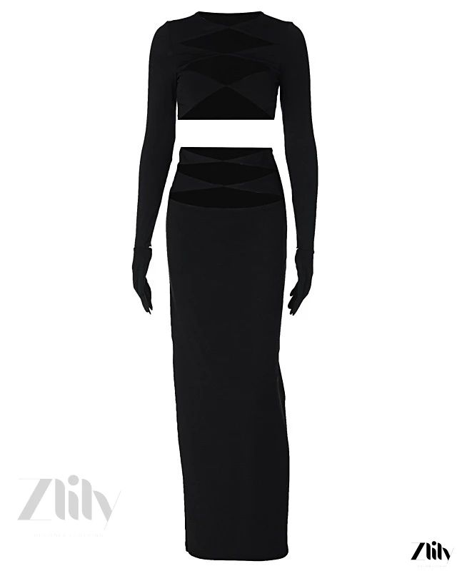 Zlily - Fashionable and Sexy Hollow Out Crop Top with Exquisite Cutouts, paired with a Slim Fit Midi Skirt Chic Black Stretch Sets, Black Fitted Two-piece Set, Fitted Black Two-piece Set, Black Stretch Evening Sets, Black Stretch Evening Set, Black Two-piece Evening Set, Fitted Two-piece Party Set, Stretch 2-piece Party Set, Stretch 2-piece Set For Parties