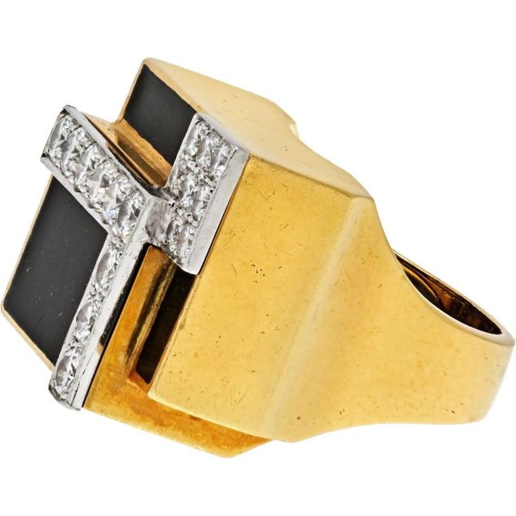 Explore the landscape of luxury, where elegance emanates from every detail in the captivating David Webb Black Enamel And Diamond Articulated Ring. A vintage masterpiece by David Webb, this ring exudes timeless charm with its striking black enamel contrasted beautifully against dazzling white diamonds. Crafted in 18k yellow gold, this piece boasts meticulous attention to detail, with round brilliant cut diamonds delicately set to enhance its allure.With an overall top width of 19mm and a length of 26mm, this ring commands attention without being ostentatious. Its platinum sizing spring ensures effortless adjustment for a perfect fit, adding a touch of practicality to its exquisite design. Signed by WEBB, this ring is not just a piece of jewelry; it's a symbol of sophistication and refineme Art Deco Yellow Gold Enamel Ring For Formal Occasions, Art Deco Formal Yellow Gold Enamel Ring, Formal Yellow Gold Art Deco Enamel Ring, Formal Art Deco Yellow Gold Enamel Ring, Luxury Collectible Rings, Black Enamel Diamond Ring In Fine Jewelry Style, Gold Art Deco Enamel Ring For Formal Occasions, Black Diamond Enamel Ring Fine Jewelry, Elegant Black Enamel Ring In 14k Gold