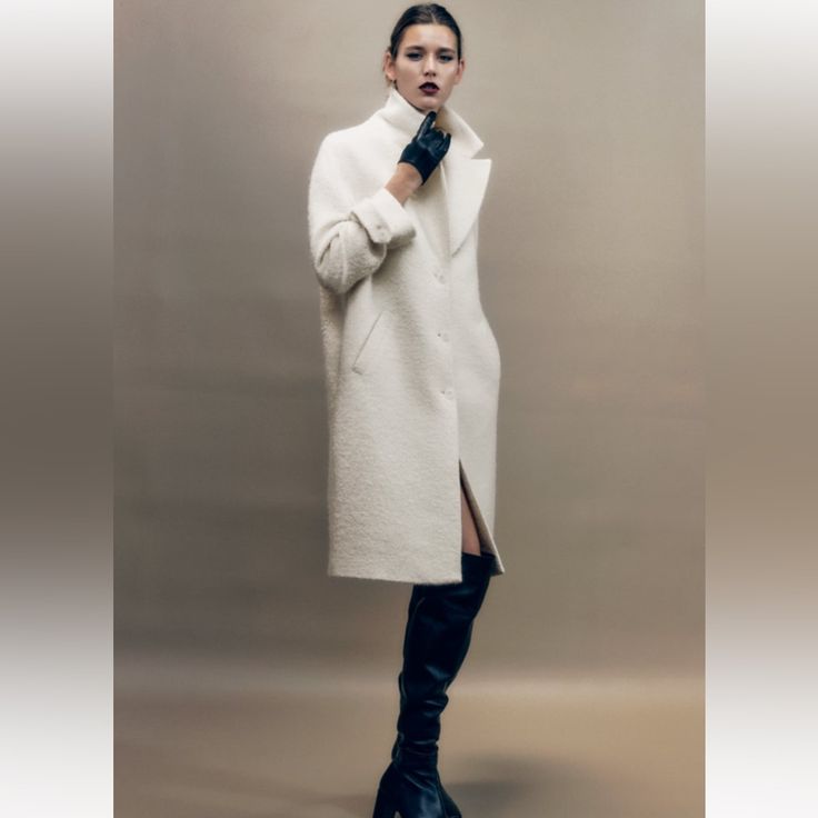 New Belted Cuffs Coat Ecru White Wool Coat With Lapel Collar For Fall, Classic White Wool Coat For Spring, White Long Wool Coat For Spring, White Wool Coat For Spring Workwear, Chic Winter White Wool Coat For Work, Modern Cream Outerwear For Spring, Chic White Wool Coat For Winter, Chic Cream Winter Outerwear, White Wool Coat For Work In Fall