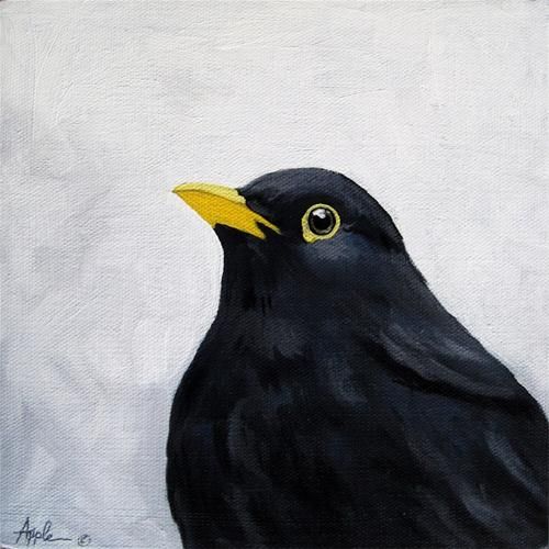 a painting of a black bird with yellow beak