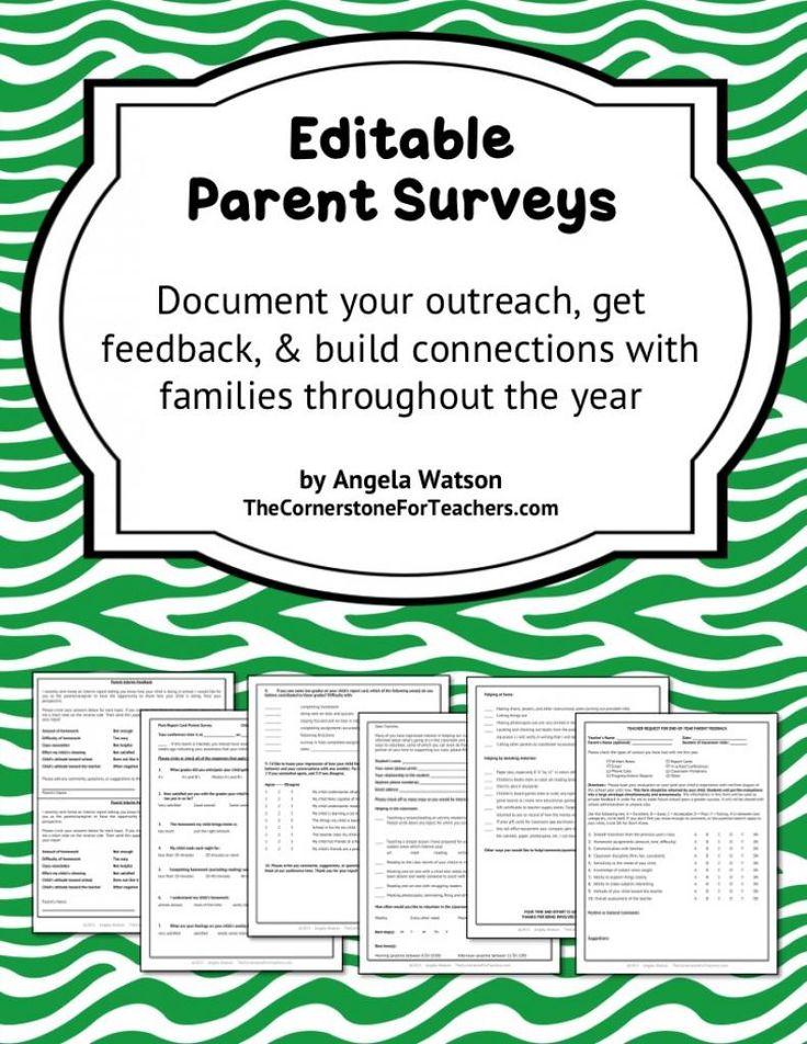 a green and white poster with text that reads editable parent surveys document your outreach, get fedback & build connections with families through the year