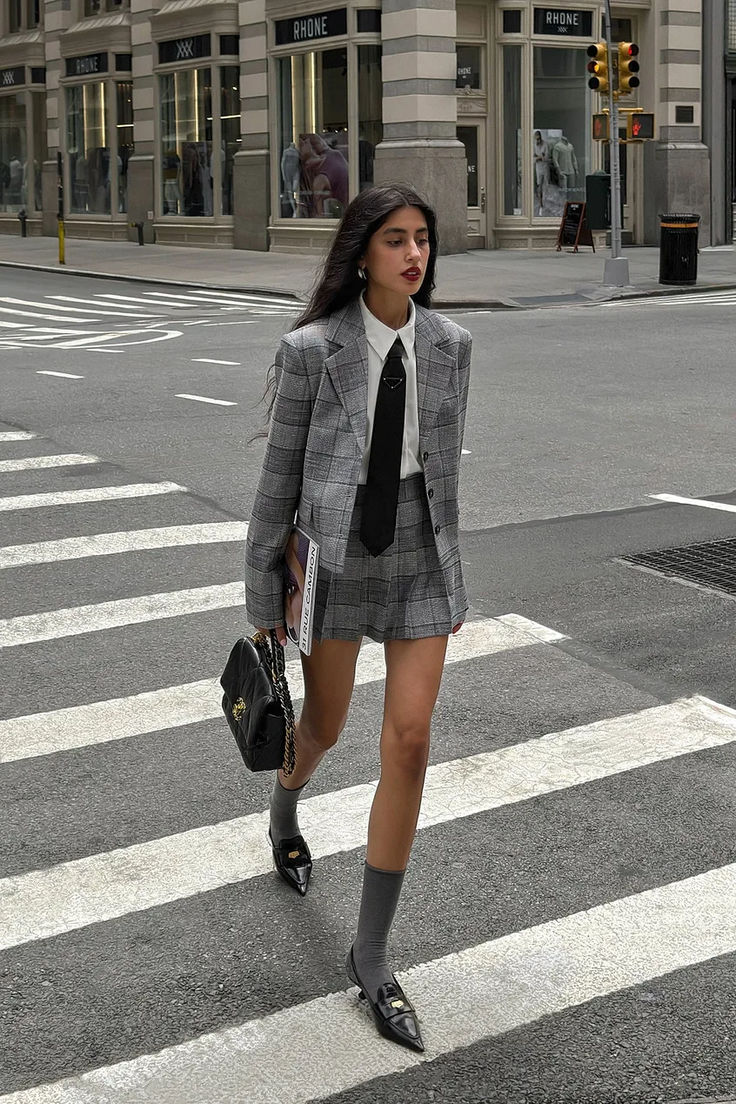 Checked Pleat Detail Mini Skirt Plaid Mini Skirt For Work, Elegant Plaid Mini Skirt For Work, Houndstooth Mini Skirt For Work, Trendy Plaid Mini Skirt For Work, Grey Pleated Skirt Outfit, Grey Mini Skirt Outfit, Mini Skirt Street Style, Pleated Skirt Outfits, Tops Fall Outfits