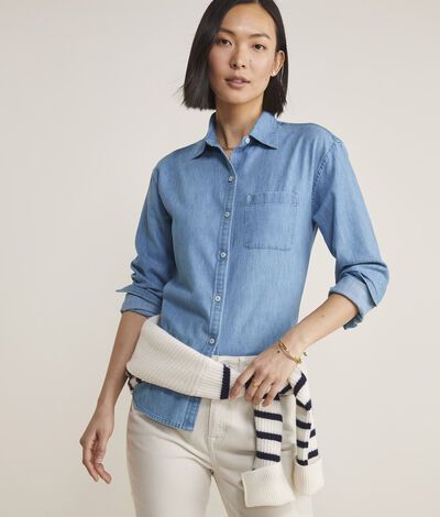 Versatile and lightweight, this 100% cotton chambray button-down is a true wardrobe essential. Spring Tops With Roll-up Sleeves For Everyday, Light Indigo Relaxed Fit Shirt For Everyday, Everyday Light Indigo Relaxed Fit Shirt, Casual Chambray Shirt For Everyday, Everyday Casual Chambray Shirt, Everyday Button-up Tencel Tops, Everyday Tencel Button-up Tops, Relaxed Fit Chambray Shirt With Button Closure, Trendy Shirt With Roll-up Sleeves For Everyday