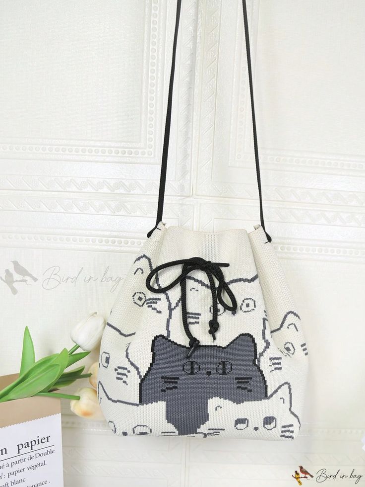 Bird in Bag - Womens Fashionable Cartoon Cat Crossbody Bag/Handbag/Shoulder Bag - Versatile Knitted Vest Design for Spring/Summer - Ideal for Casual Shopping and Everyday Use Cute Summer Backpack Bags, Casual Crochet Backpack Bag For Daily Use, Casual Crochet Backpack For Daily Use, Casual Satchel Shoulder Bag With Animal Design, Casual Satchel Shoulder Bag With Cat Design, Cute Summer Backpacks, Daily Use Shoulder Bag With Cat Design Pouch, Summer School Pouch Satchel, Casual School Bag With Cat Design