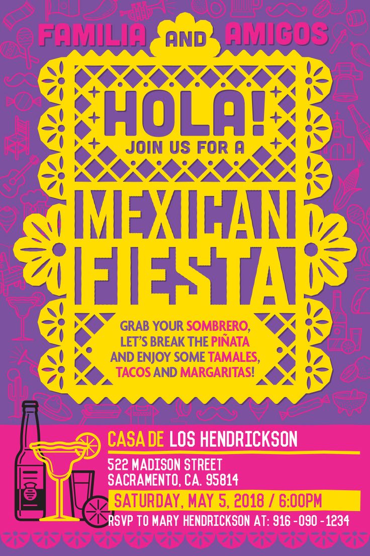 the mexican fiesta flyer is shown in purple and yellow