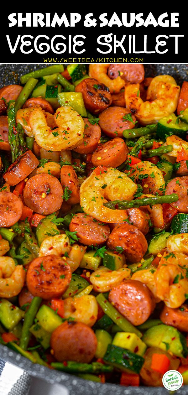 shrimp and sausage veggie skillet in a pan