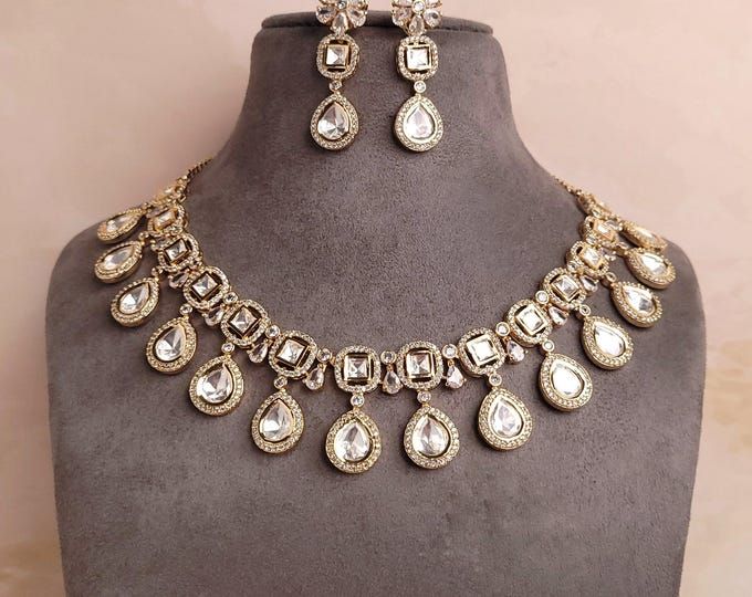 Buy Premium Polki Back Side Silver Foilded Doublet Stone Hasli With Earrings/polki Kundan Hasli Necklace, Rajsathani Jewelry/choker Online in India - Etsy Festive Formal Kundan Necklace With Stone Setting, Formal Festive Kundan Necklace With Stone Setting, Festive Silver American Diamond Jewelry Sets, Festive Kundan Necklace With American Diamond Stone Work, Heavy Bollywood Kundan Necklace With American Diamonds, Kundan Necklace With American Diamond Stone Work For Festivals, Festive Kundan Necklace With American Diamond For Diwali, Silver Kundan Necklace With Stone Setting, Festive Hand-set Kundan Necklace With American Diamonds