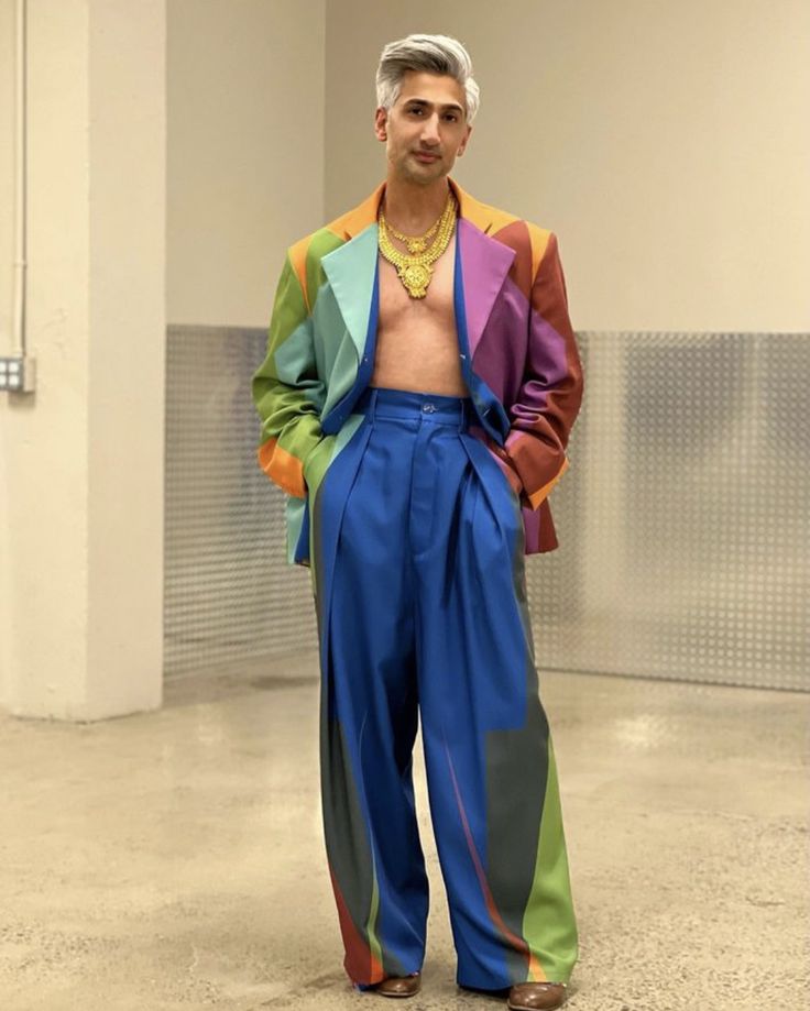 Tan France Fashion, Funky Aesthetic Outfits Men, Male Pride Outfit, Unconventional Mens Fashion, Flamboyant Male Fashion, Mens Experimental Fashion, Bold Outfits Men, Queer Mens Fashion, Pride Outfit Ideas Men