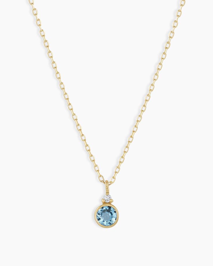 A modern heirloom. Introducing our take on a traditional style. Whether you wear yours or a loved one’s, a birthstone necklace is an easy way to add color and meaning to your look. This birthstone necklace features a 14k gold chain and diamond detail and makes for a perfect, personal gift. Blue Topaz is December's birthstone. Product Details Diamond: 0.01 total carat weight, 1.3 mm GH SI1-SI3 Blue Topaz: 0.15 total carat weight, 3 mm genuine blue topaz 14k solid gold 16" chain + 2" extender. Adj Bezel Pendant Ideas, 14k Gold Jewelry With Gemstone Accents For May Birthstone, Fine Jewelry Birthstone Necklace With Delicate Chain, Yellow Gold Birthstone Necklace With Delicate Chain, Round Yellow Gold Birthstone Necklace With Delicate Chain, 14k Gold Birthstone Necklace With Bezel Setting, Yellow Gold Birthstone Necklace With Round Stone, Yellow Gold Solitaire Pendant Necklace With Birthstone, Fine Jewelry Birthstone Necklace In Yellow Gold