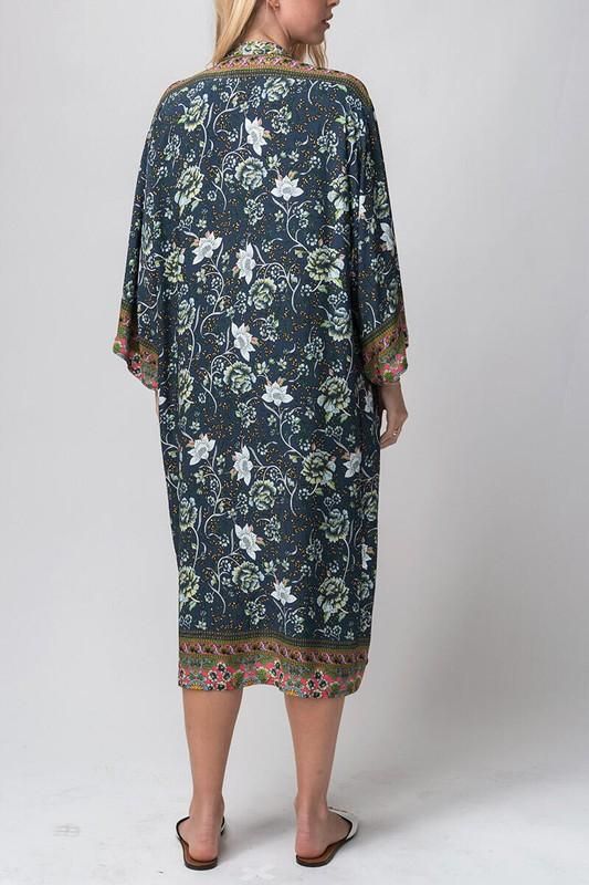 Boho floral longline kimono cardigan, can be worn as a cover-up. One Size 100% viscose/acrylic. Bohemian V-neck Cardigan With Floral Print, Spring Loungewear Wrap Kaftan, Fall Vacation Tunic Kaftan, Spring Tunic Kimono For Loungewear, Rayon Kimono For Fall Vacation, Spring Loungewear Tunic Kimono, Fall Vacation Rayon Kimono, Fall Beach Kaftan With V-neck, Fall Rayon Kimono With Kimono Sleeves