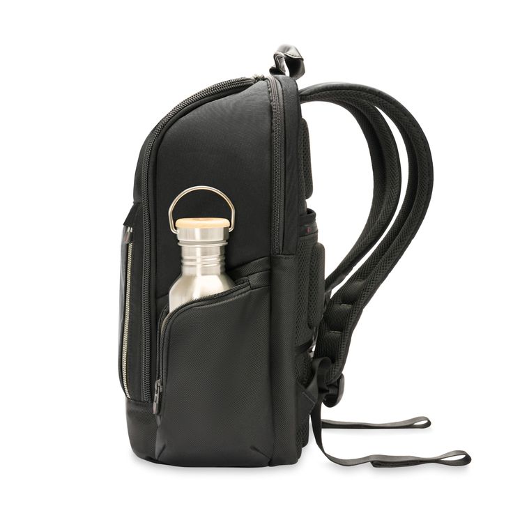 a black backpack with a bottle in it