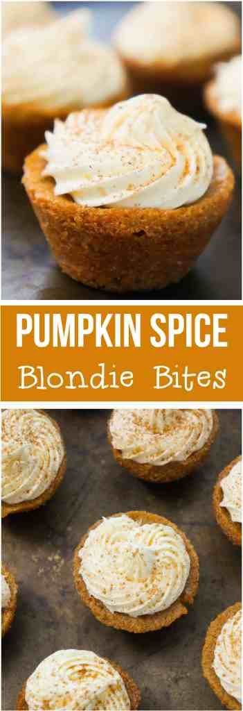 pumpkin spice blondie bites with cream cheese frosting in the middle and on top