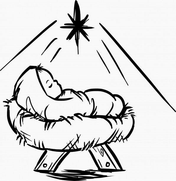 a black and white drawing of a baby jesus in the manger with a star above it