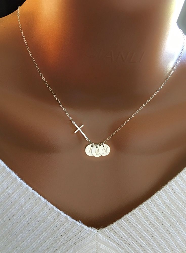 BIG SALE Mothers Day Gift, Personalized Sterling Silver Sideway Cross and Initial Discs Necklace, Custom Initial Discs - Etsy Personalized Cross Jewelry For Valentine's Day, Initial Disc Necklace, Name Necklaces, Wichita Ks, Jewelry Personalized, Mothers Necklace, Gifts Personalized, Disc Necklace, Custom Initials